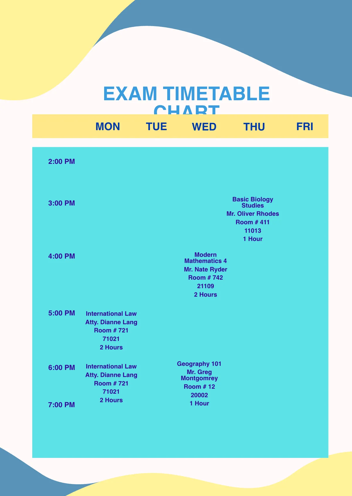 Free Exam Timetable Chart Template to Edit Online