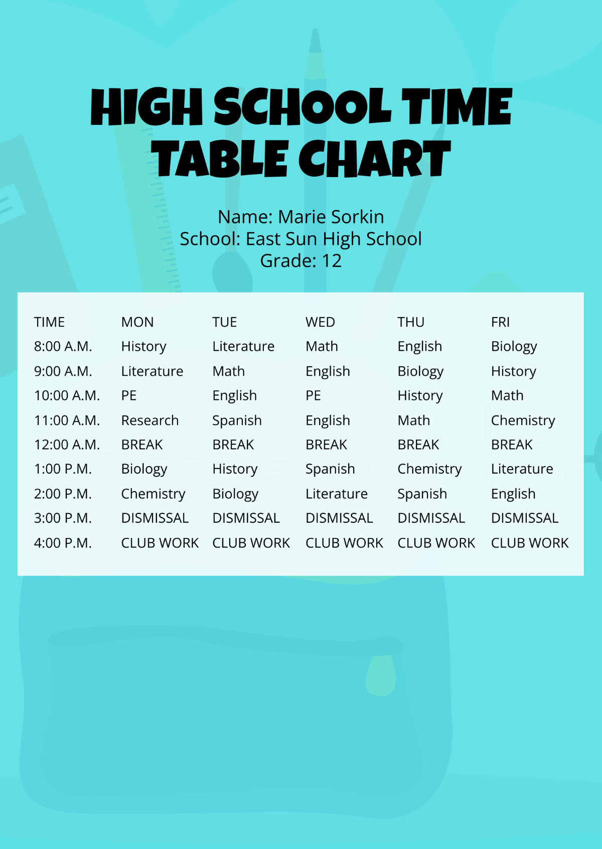 High School Time Table Chart Template