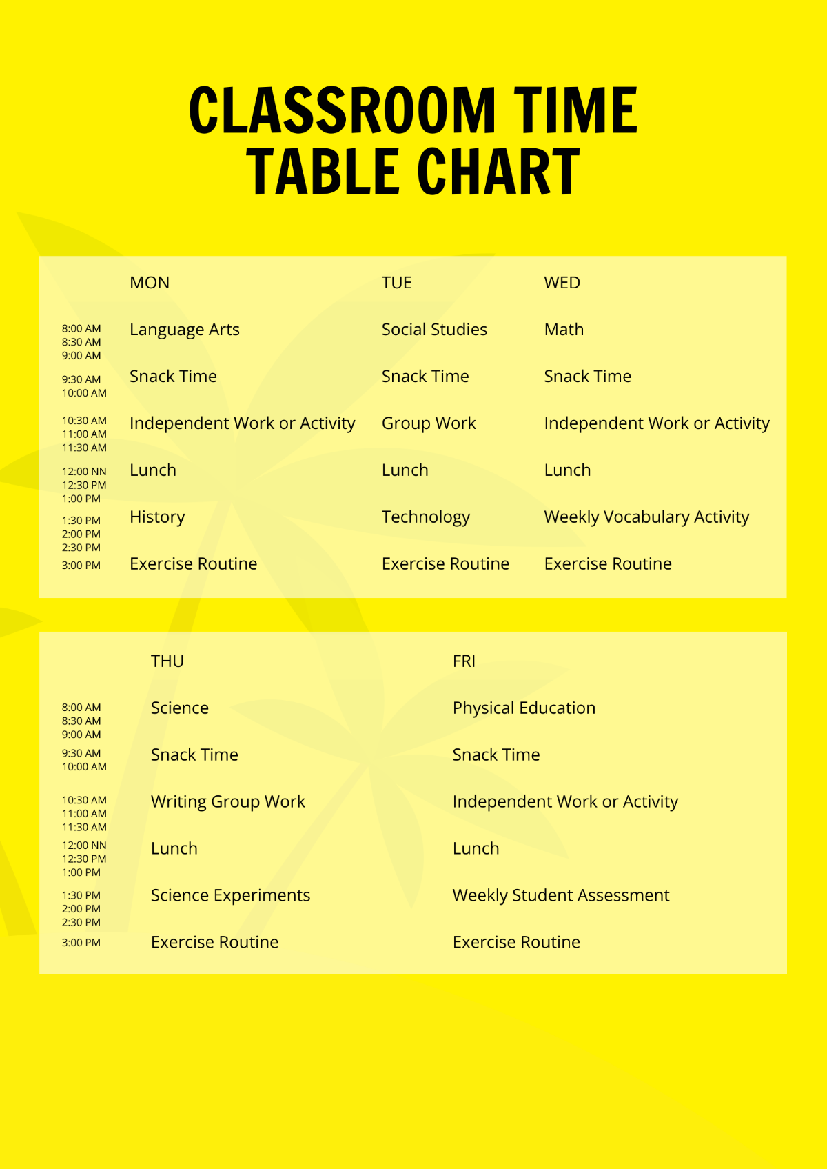 Classroom Time Table Chart Template