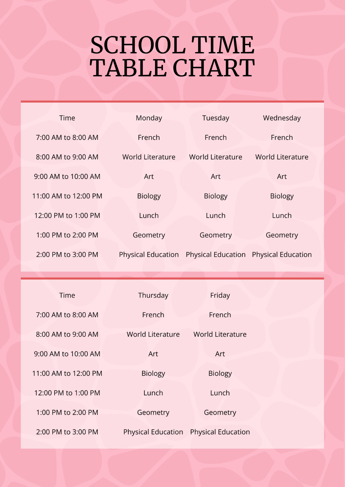 Free School Time Table Chart