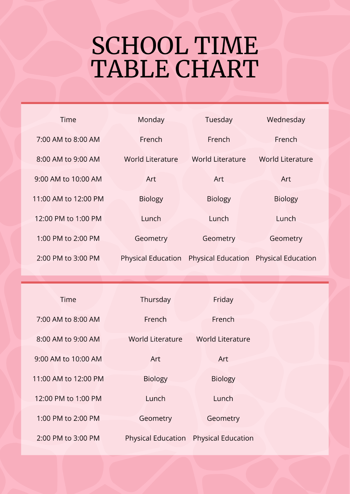 Free School Time Table Chart Template