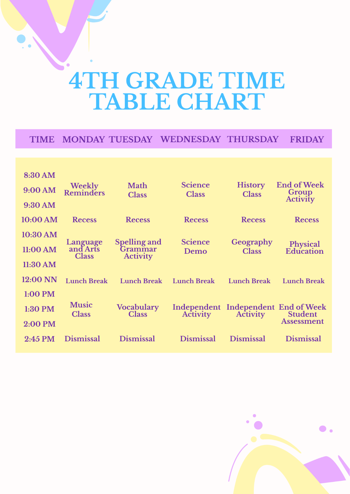 4th Grade Time Table Chart Template