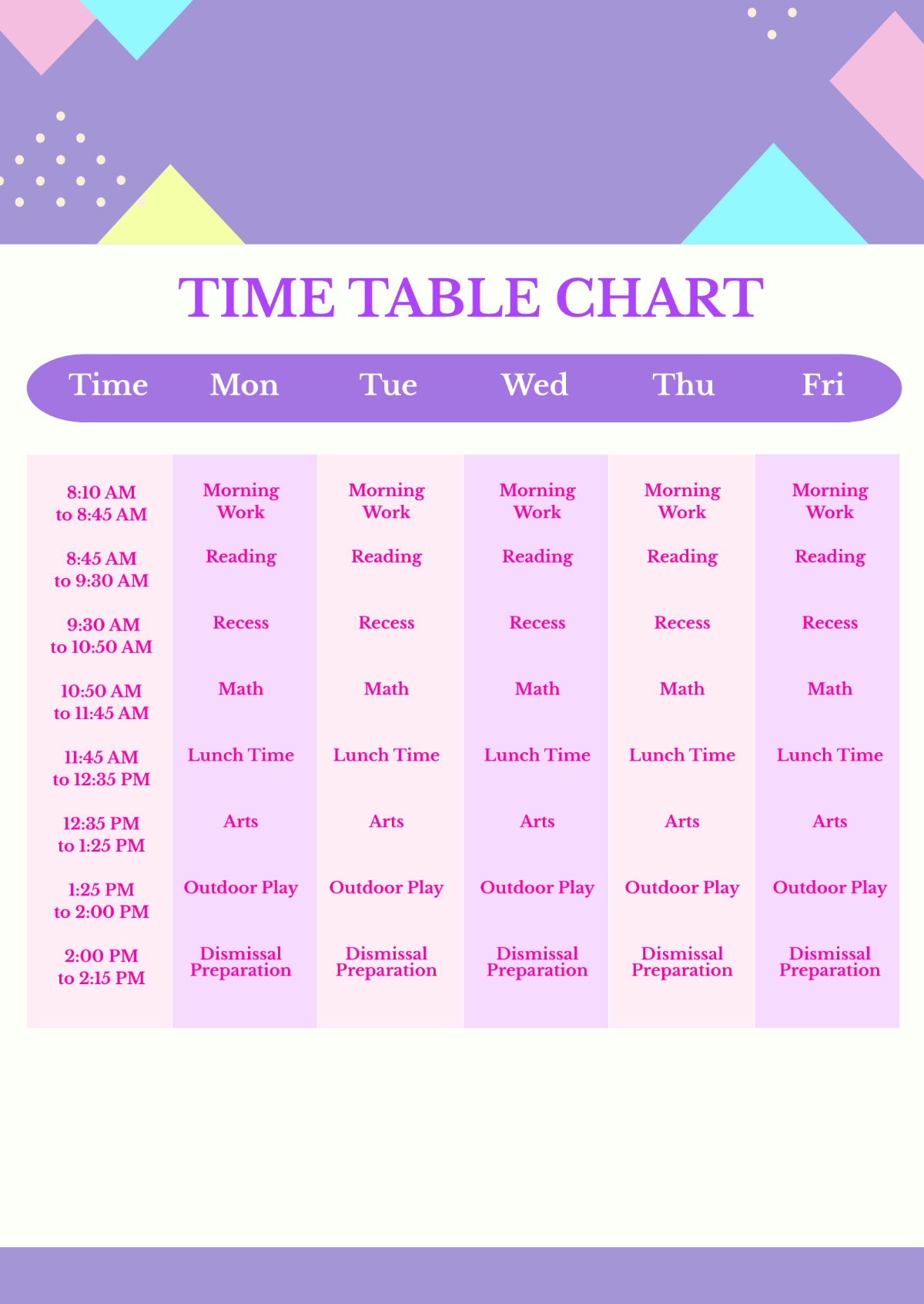 Kindergarten Time Table Chart Template
