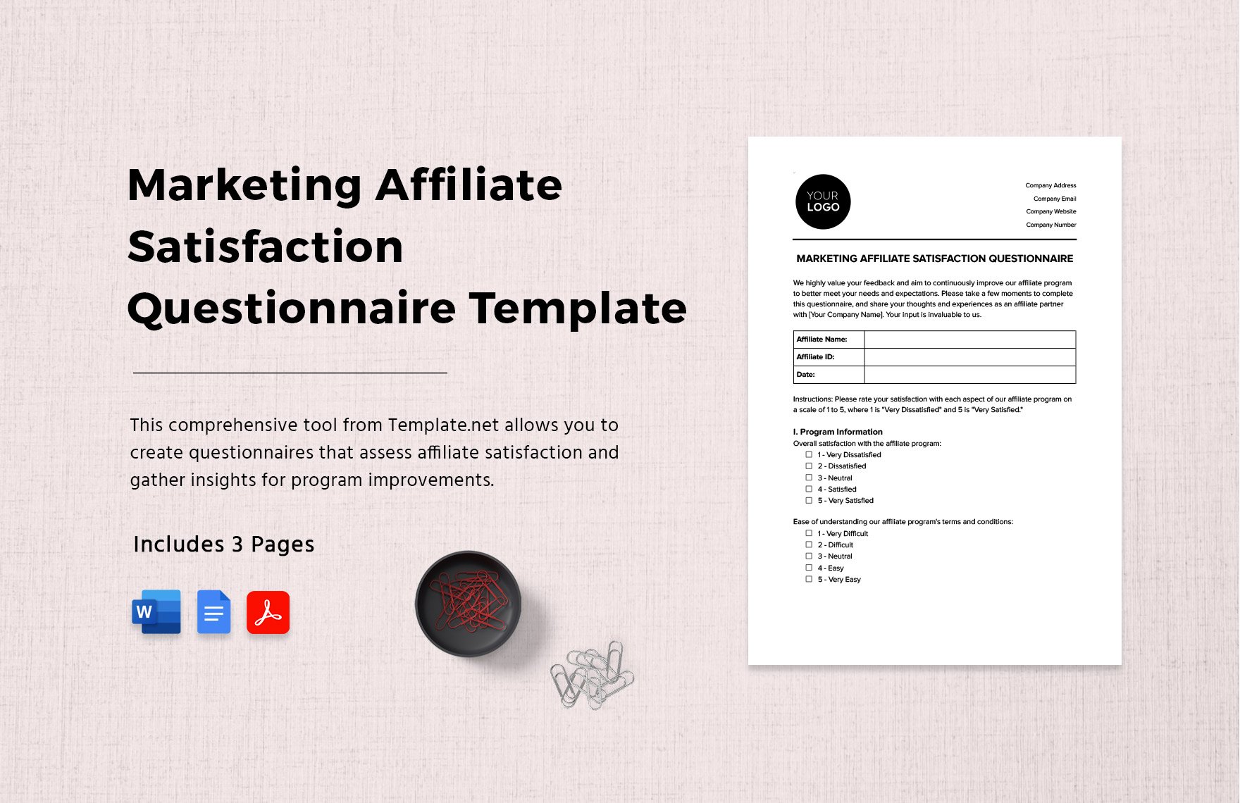 Marketing Affiliate Satisfaction Questionnaire Template in Word, Google Docs, PDF
