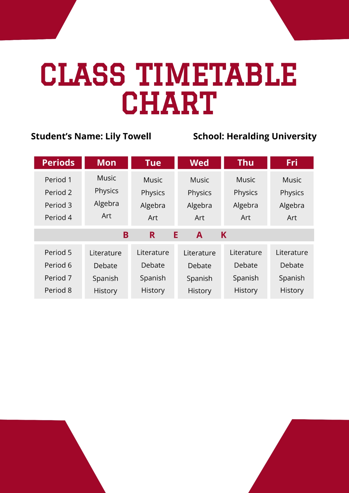 Class Timetable Chart Template