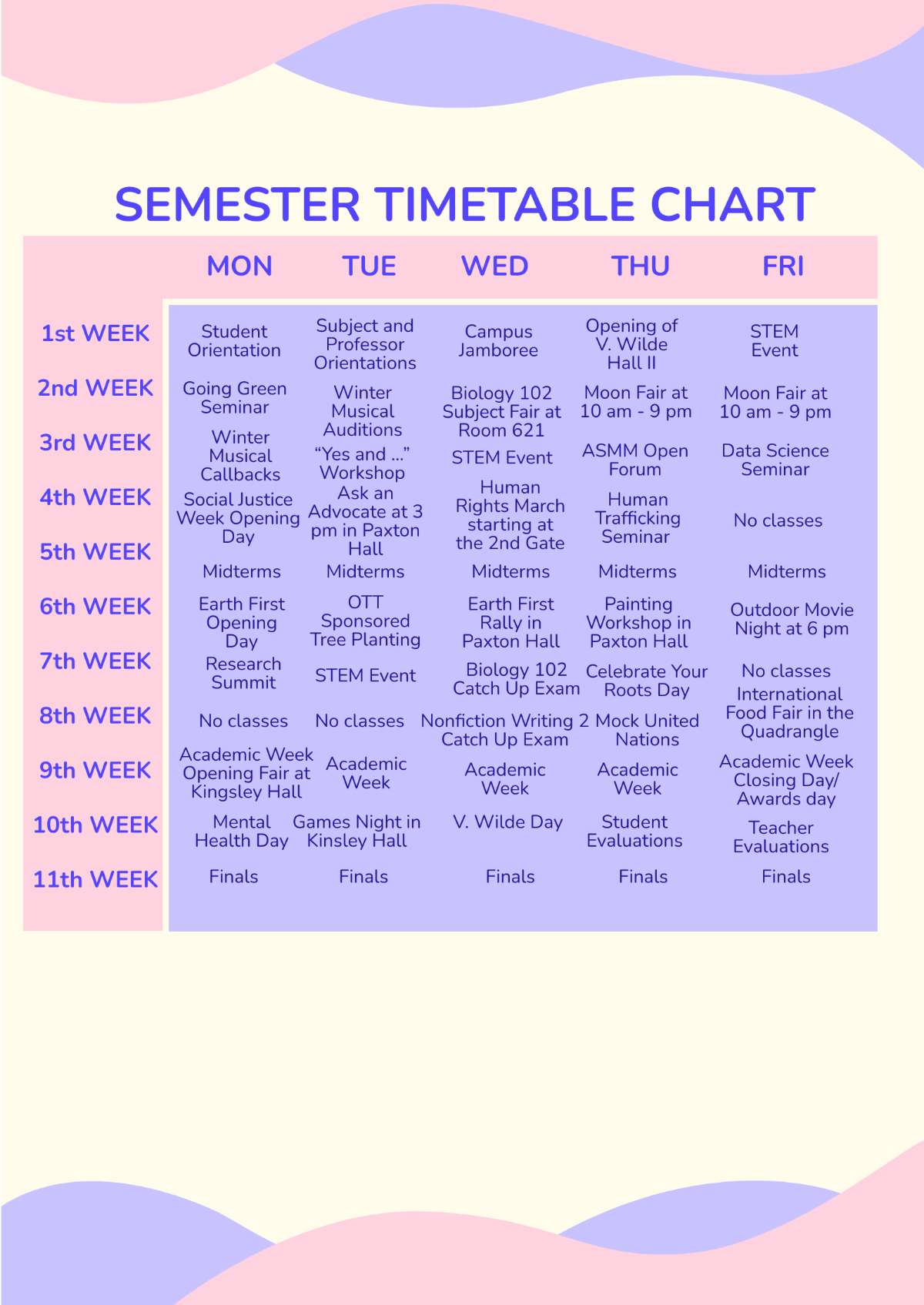 Semester Timetable Chart Template