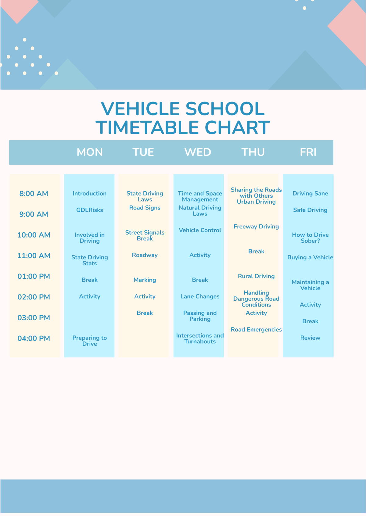 Vehicle School Timetable Chart Template