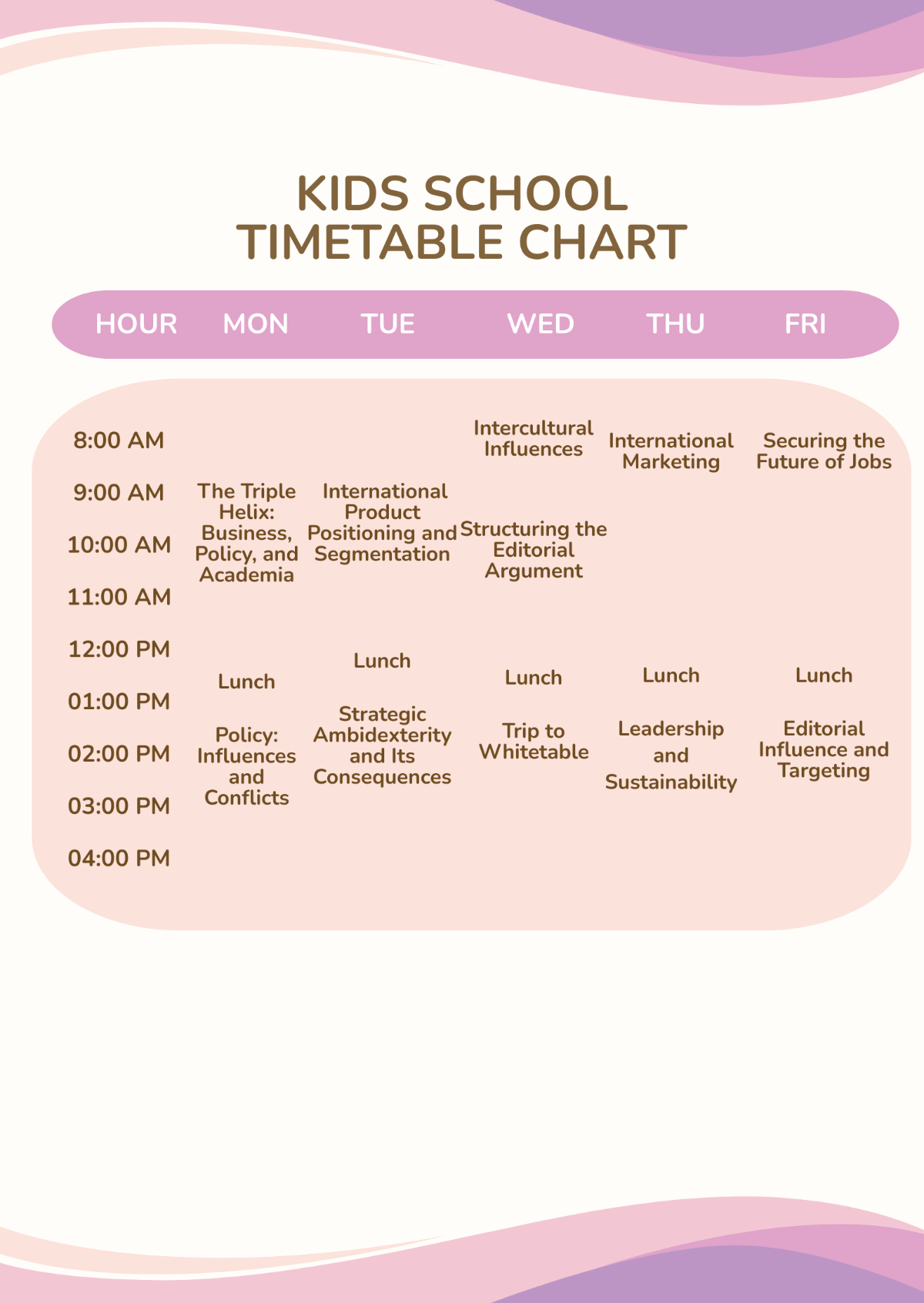Free Business School Timetable Chart Template