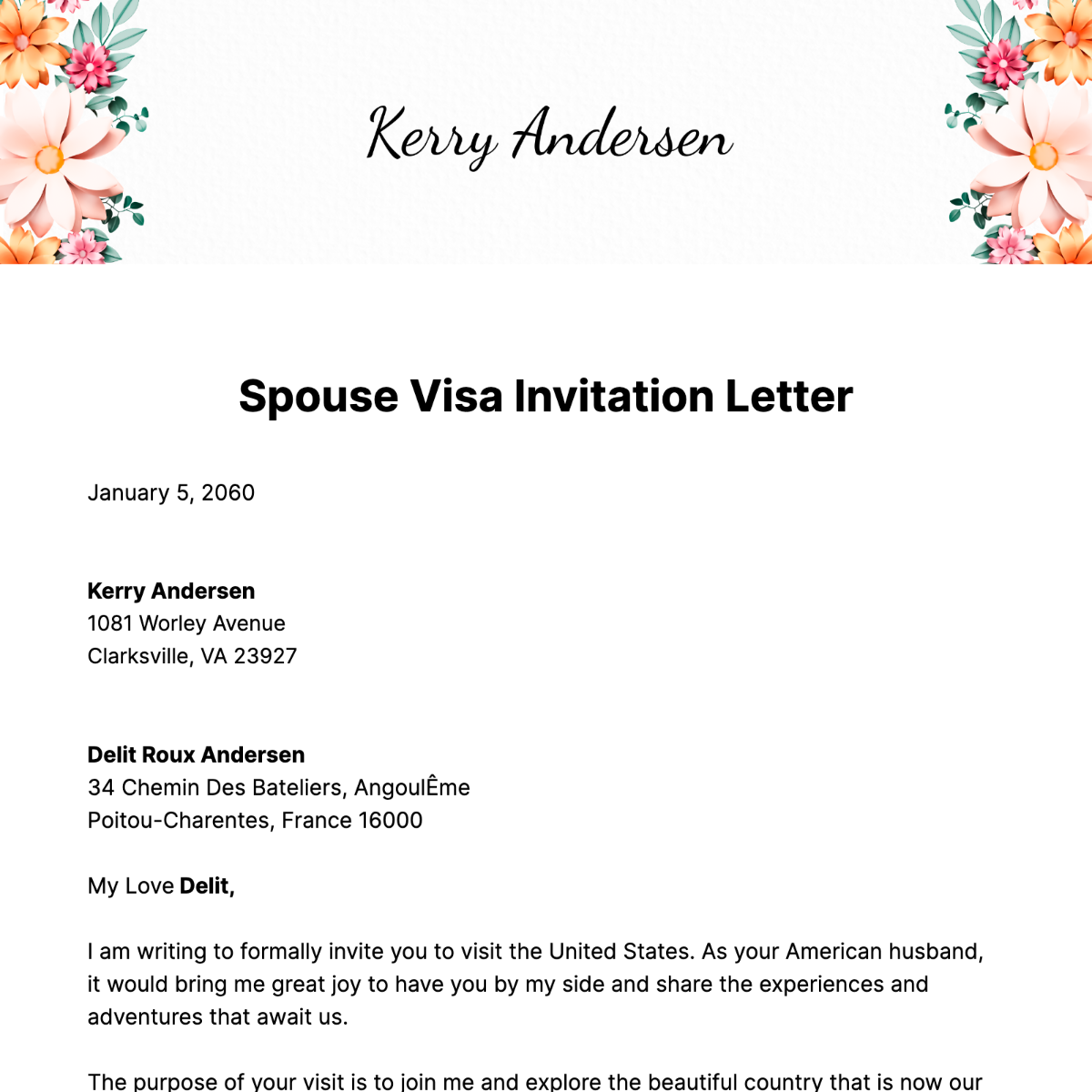 Spouse Visa Invitation Letter Template