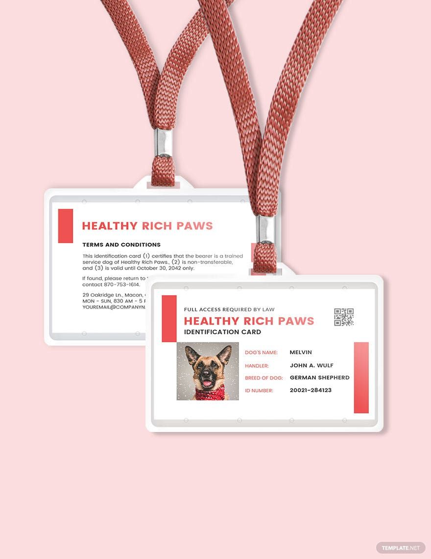 Printable Service Dog/Animal ID Card Template in PSD, Pages, Publisher, Word, Illustrator - Download | Template.net