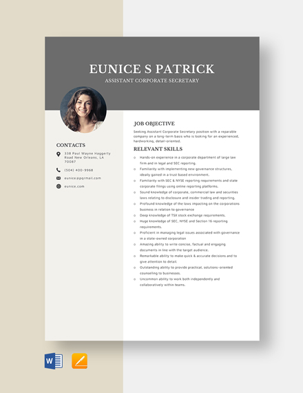 Assistant Corporate Secretary Resume Template - Word, Apple Pages
