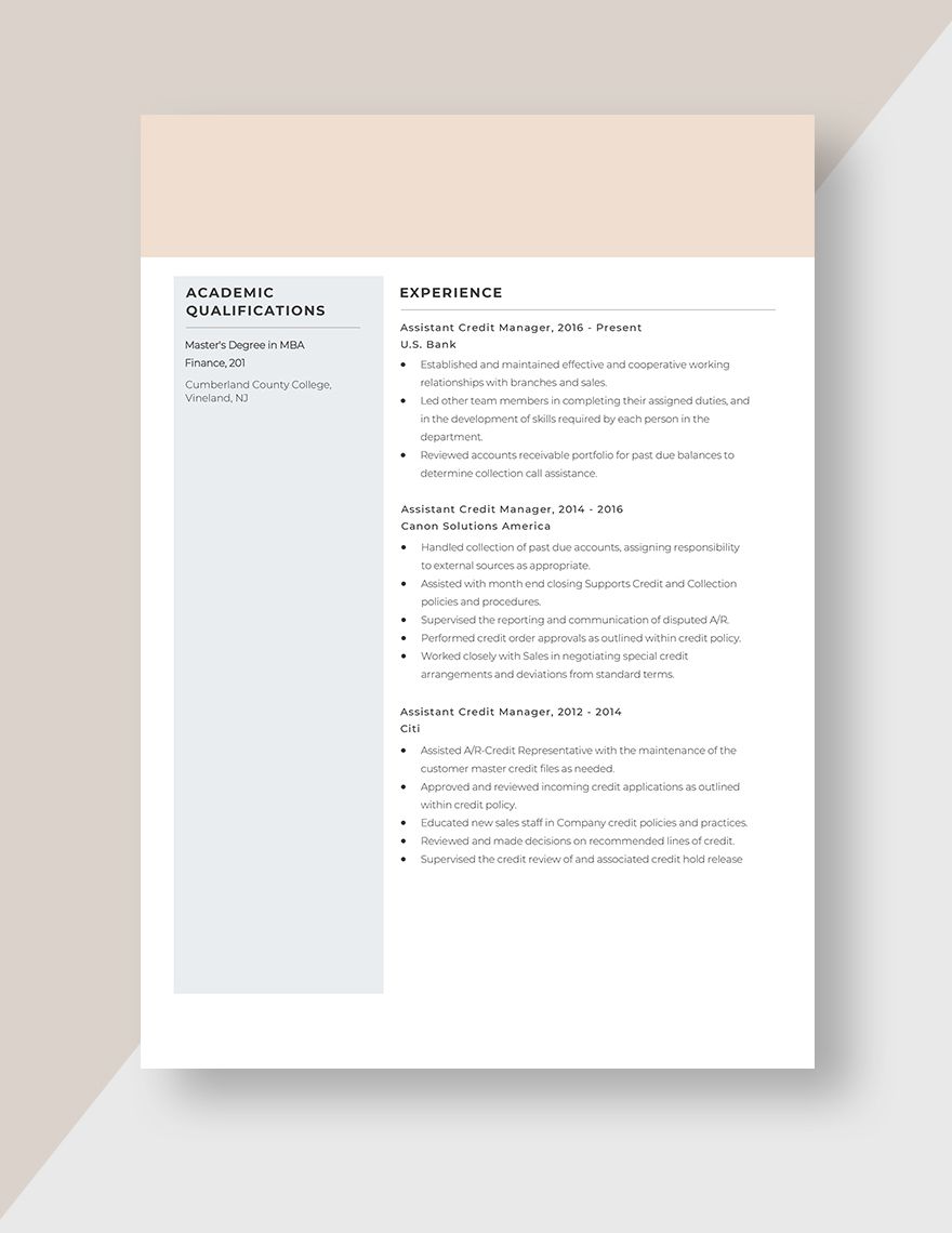 Assistant Credit Manager Resume