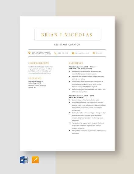 Free Assistant Curator Resume Template - Word, Apple Pages