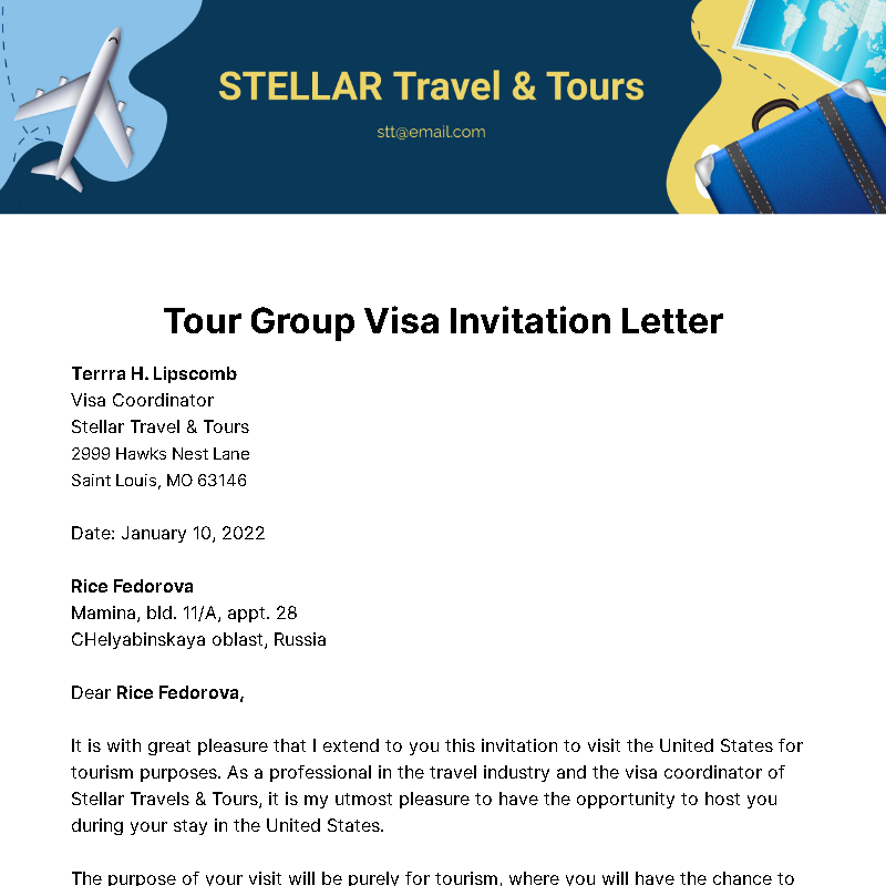 Tour Group Visa Invitation Letter Template