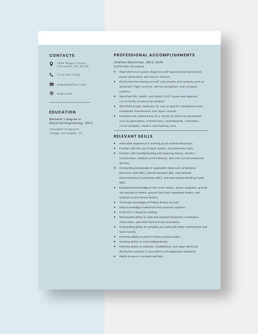 Aviation Electrician Resume