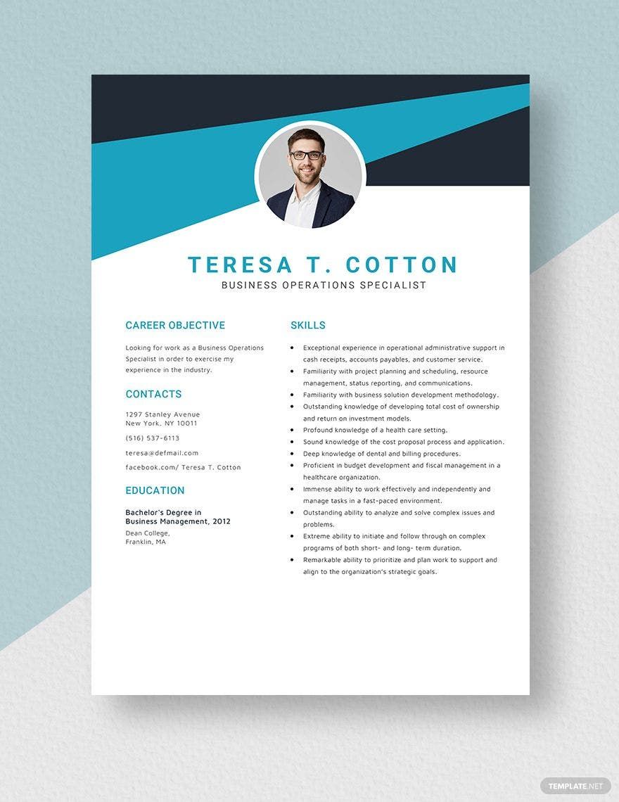 Business Operations Specialist Resume Template