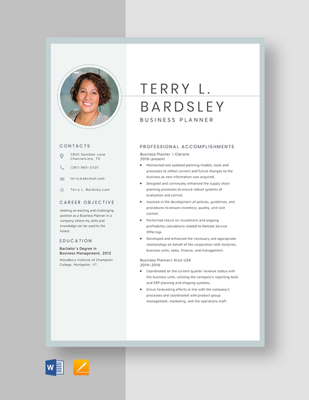 Business Planner Resume Template - Word, Apple Pages