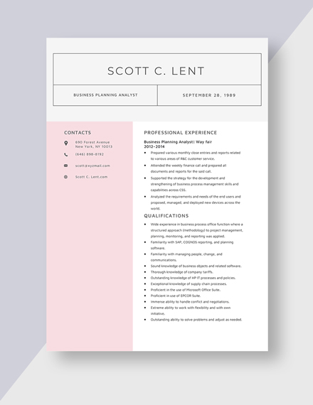 Business Planning Analyst Resume Template