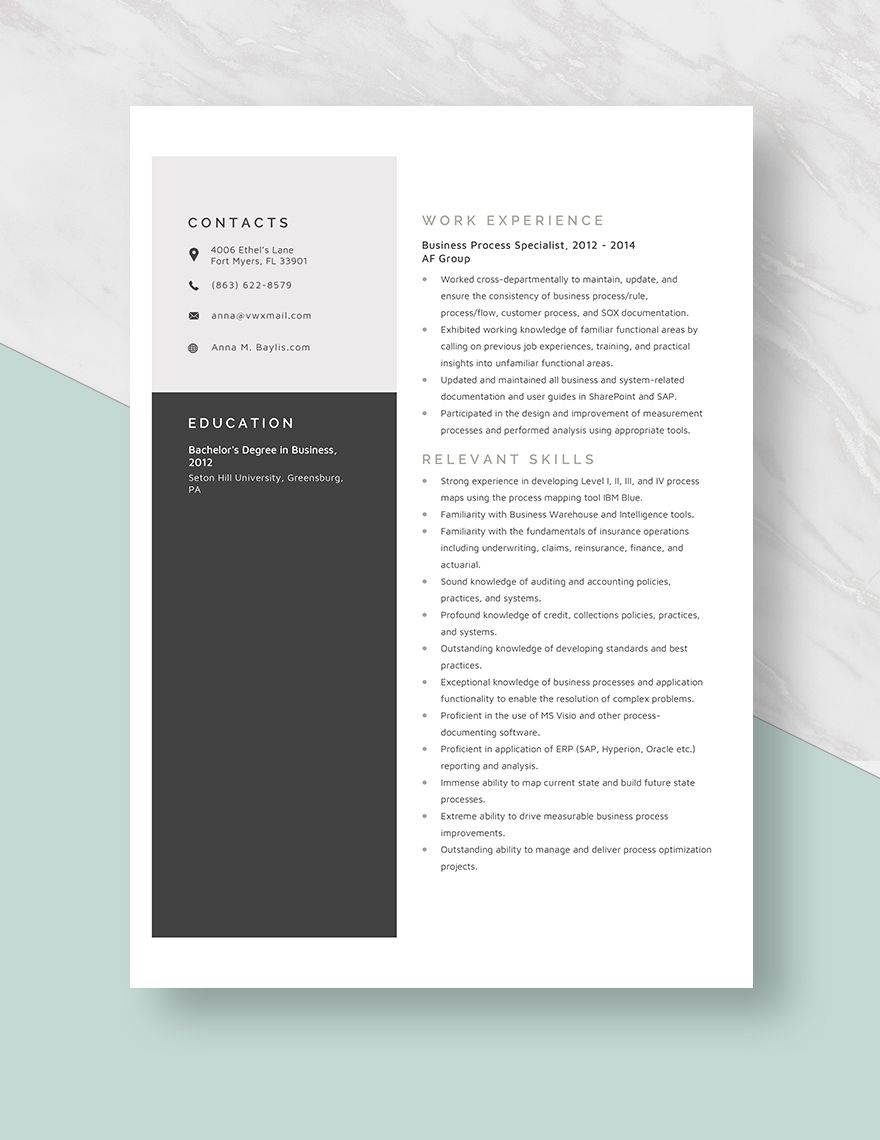 Business Process Specialist Resume