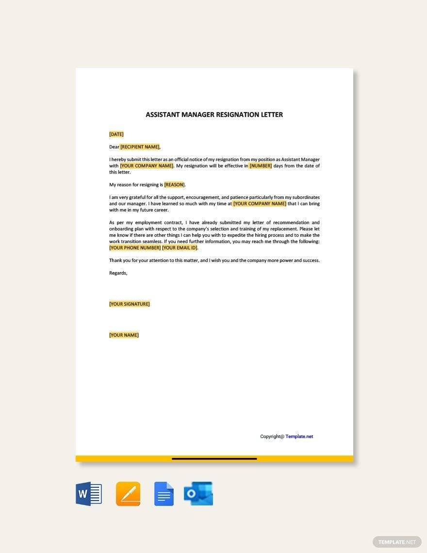 Assistant Manager Resignation Letter Template in Word, Google Docs, PDF, Apple Pages, Outlook