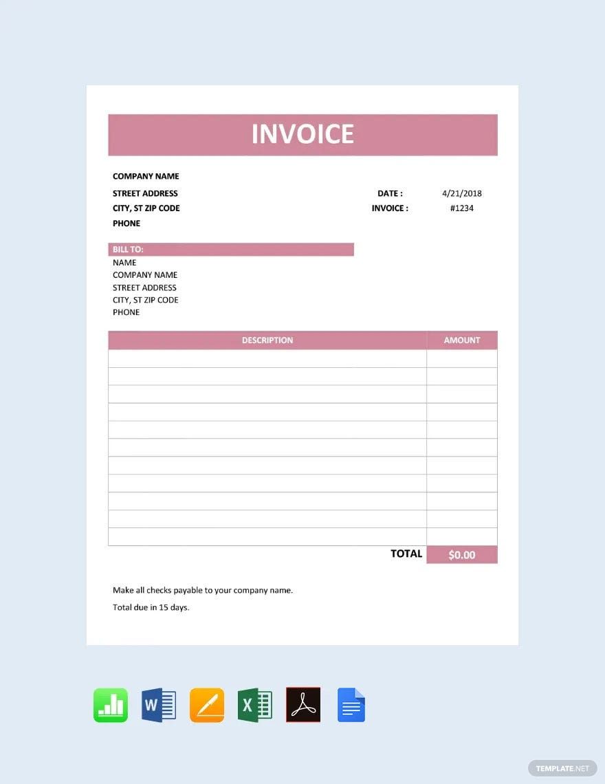 Blank Service Invoice Template in Word, Google Docs, Excel, PDF, Google Sheets, Apple Pages, Apple Numbers