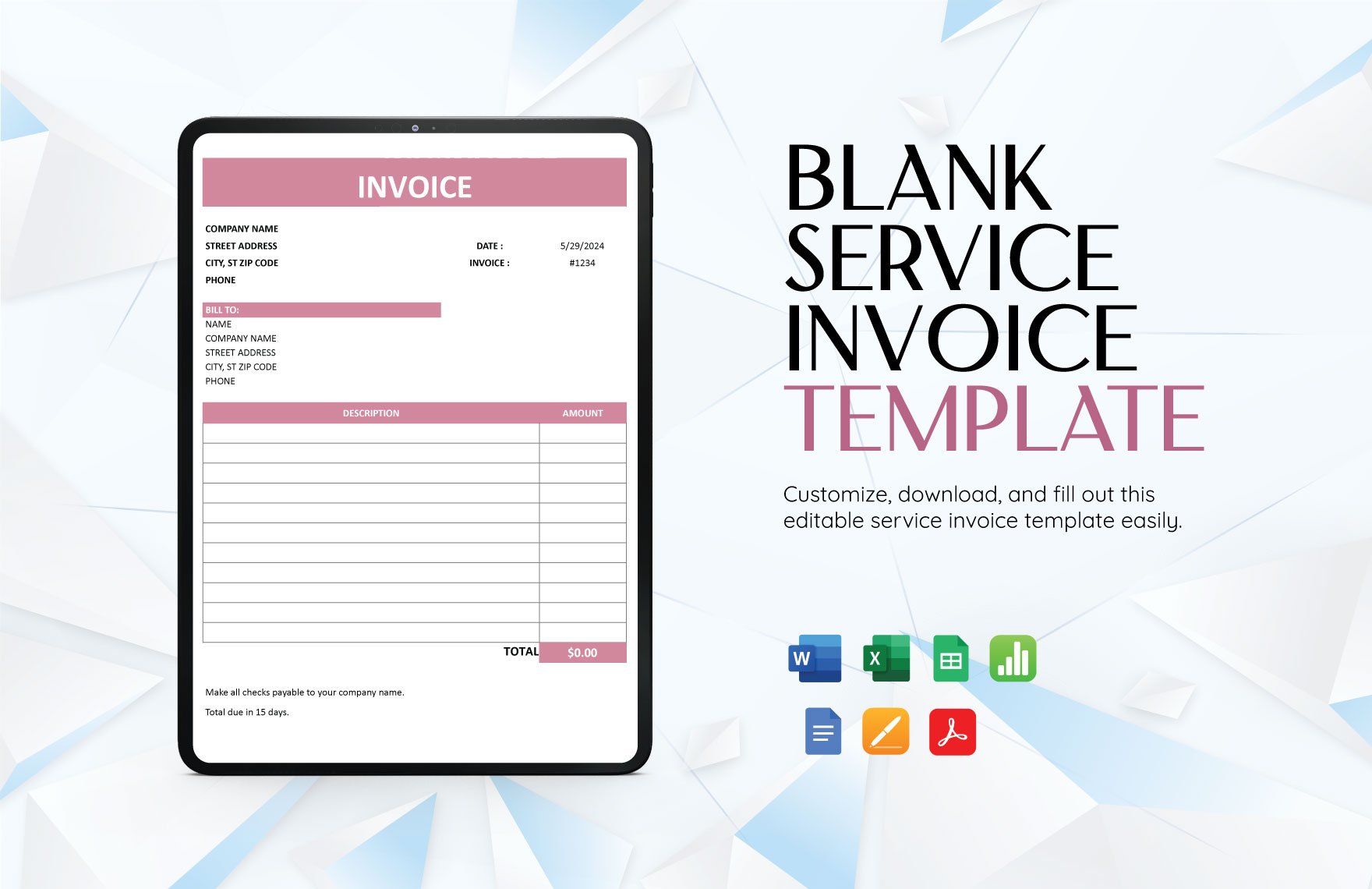 Blank Service Invoice Template in Word, Google Docs, Excel, PDF, Google Sheets, Apple Pages, Apple Numbers