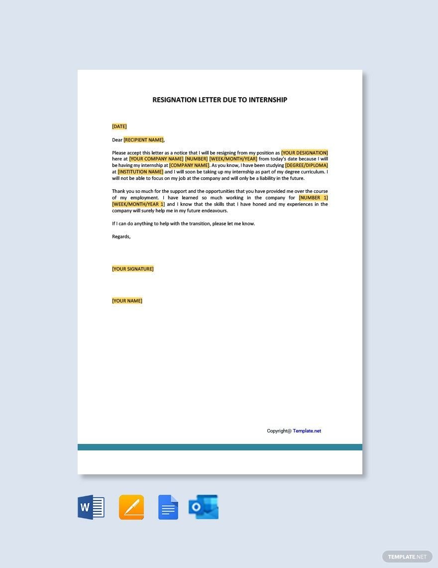 Resignation Letter Due to Internship in Word, Google Docs, PDF, Apple Pages, Outlook