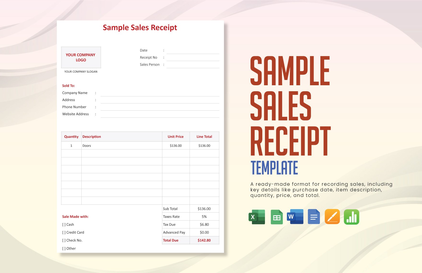Sample Sales Receipt Template in Word, Google Docs, Excel, Google Sheets, Apple Pages, Apple Numbers