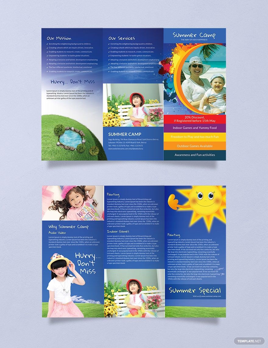 Summer Camp Trifold Brochure Template in Word, Google Docs, Illustrator, PSD, Apple Pages, Publisher, InDesign