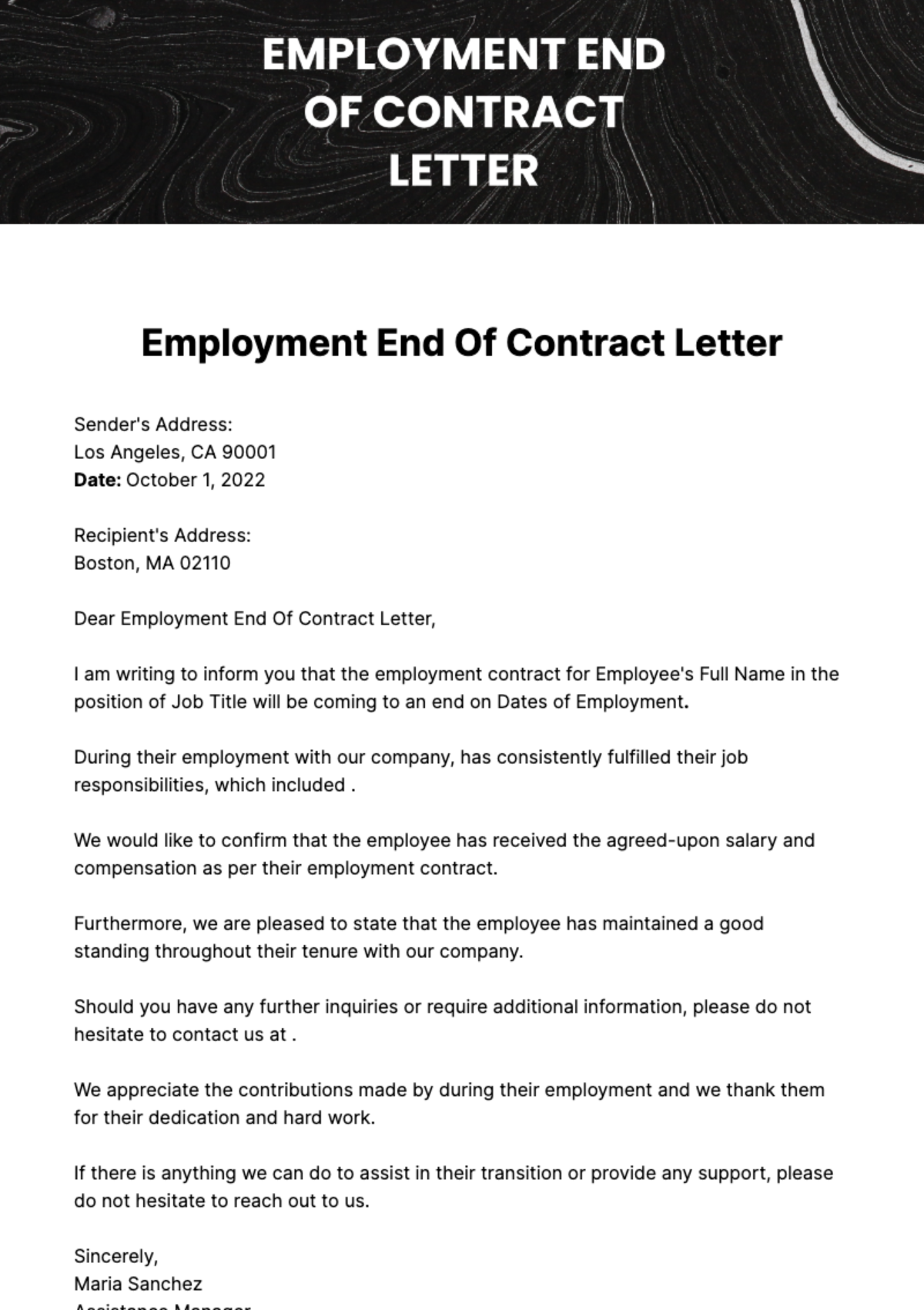 Free Employment End Of Contract Letter Template