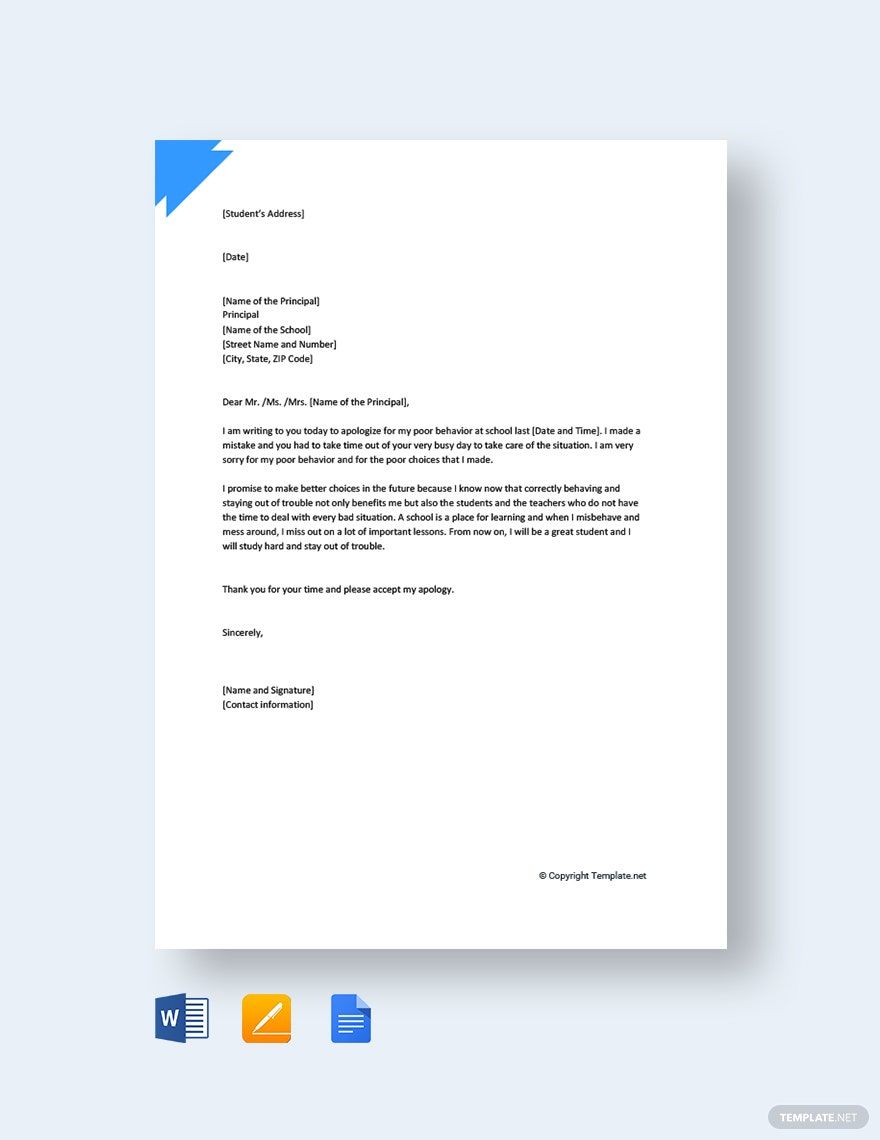 Apology Letter To School Principal Template in Word, Google Docs, PDF, Apple Pages