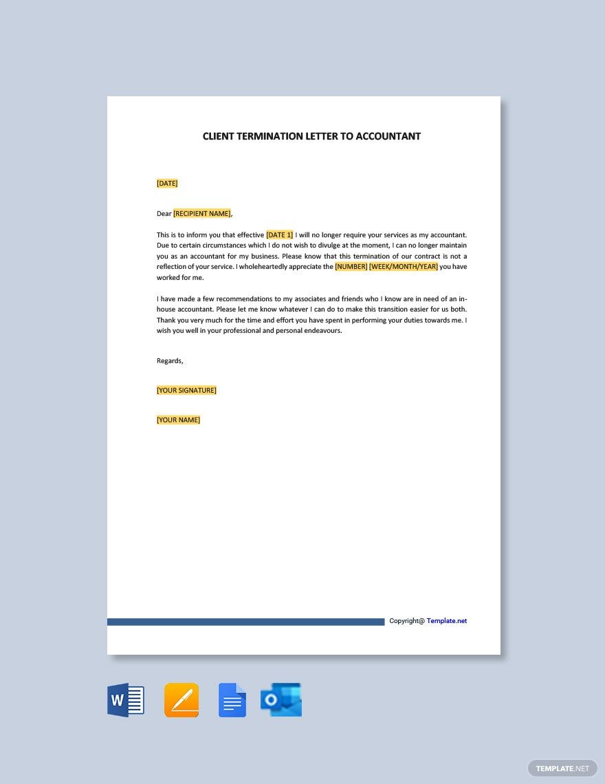 Client Termination Letter To Accountant Template in Google Docs, Word, Pages, Outlook, PDF - Download | Template.net