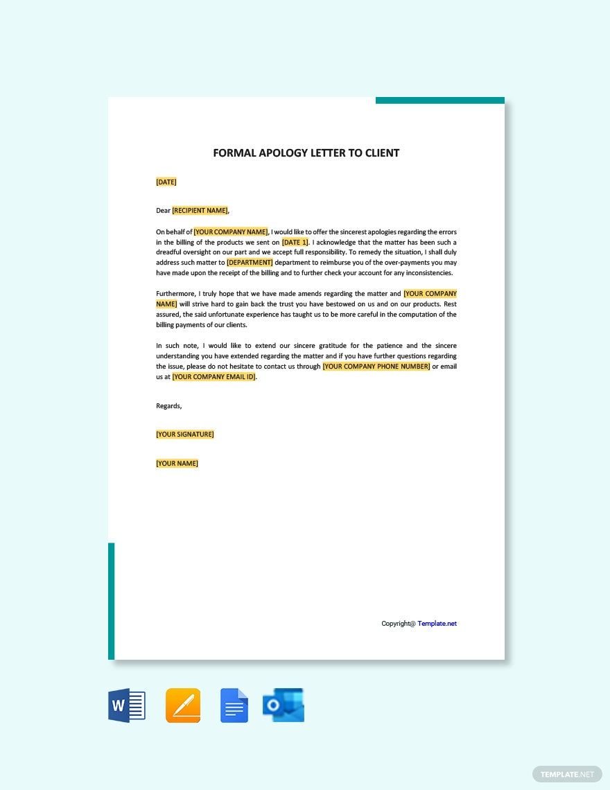 Formal Apology Letter to client Template in Word, Google Docs, PDF, Apple Pages, Outlook