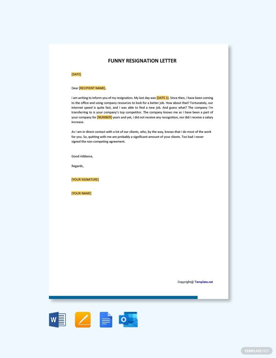Funny Resignation Letter Template in Word, Google Docs, PDF, Apple Pages, Outlook