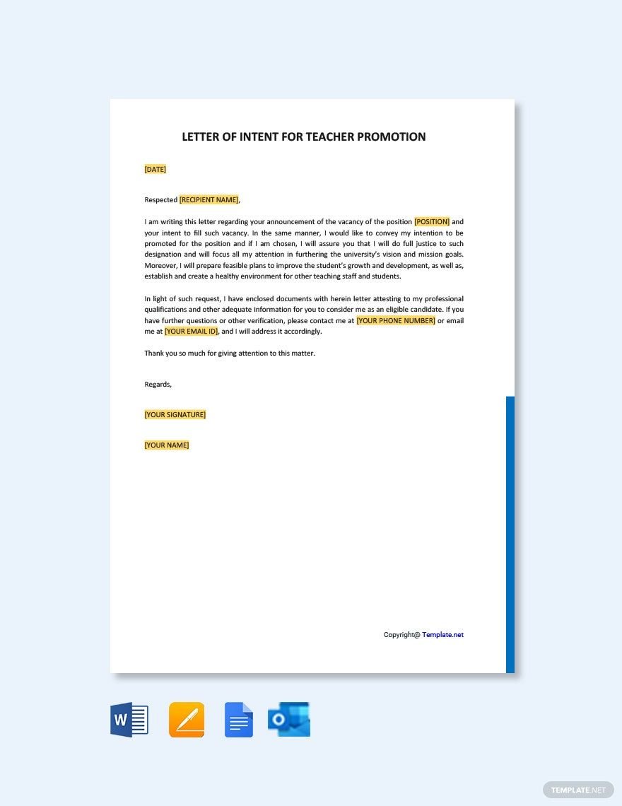Letter Of Intent For Teacher Promotion Template in Word, Google Docs, PDF, Apple Pages, Outlook
