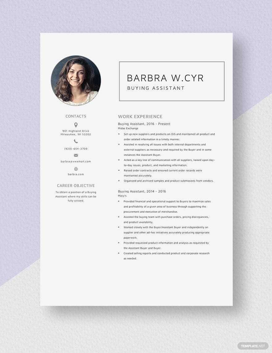 Free Buying Assistant Resume in Word, Apple Pages