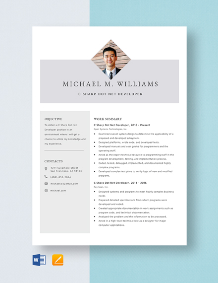 C#.Net Developer Resume - Download in Word, Apple Pages | Template.net