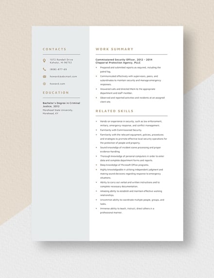 Commissioned Security Officer Resume Template