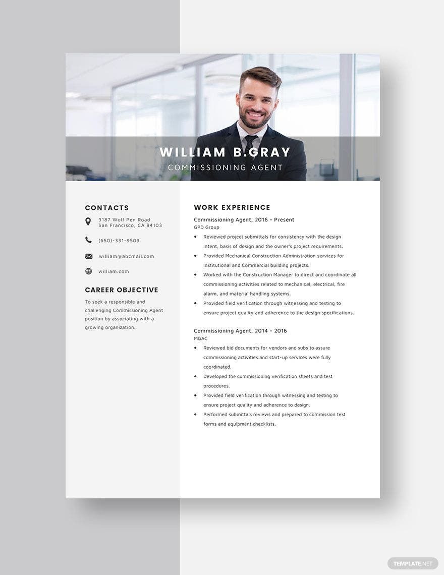 Commissioning Agent Resume in Word, Apple Pages