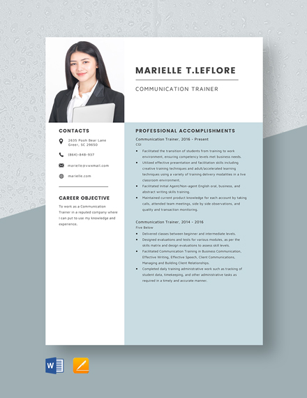 Free Communication Trainer Resume Template - Word, Apple Pages