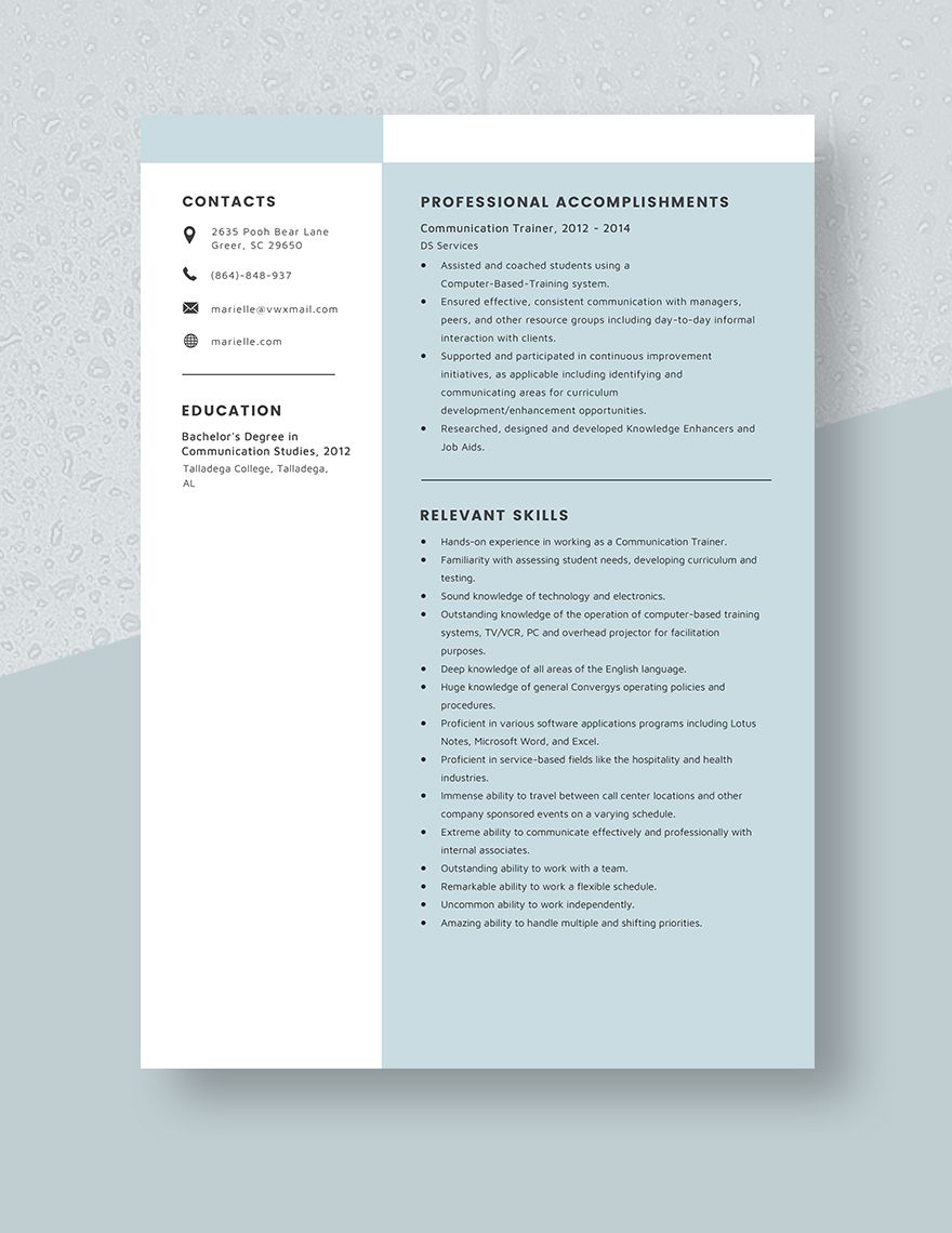 Communication Trainer Resume Template