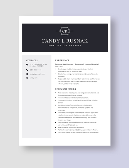Computer Lab Manager Resume Template