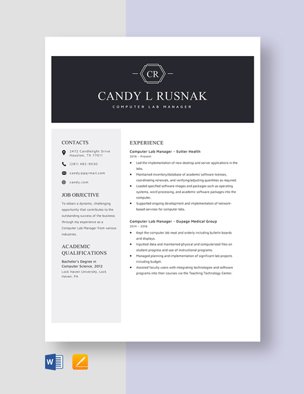 Computer Lab Manager Resume Template - Word, Apple Pages