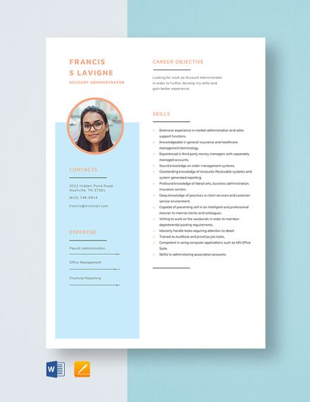 Simple Account Administrator Resume Template - Word, Apple Pages