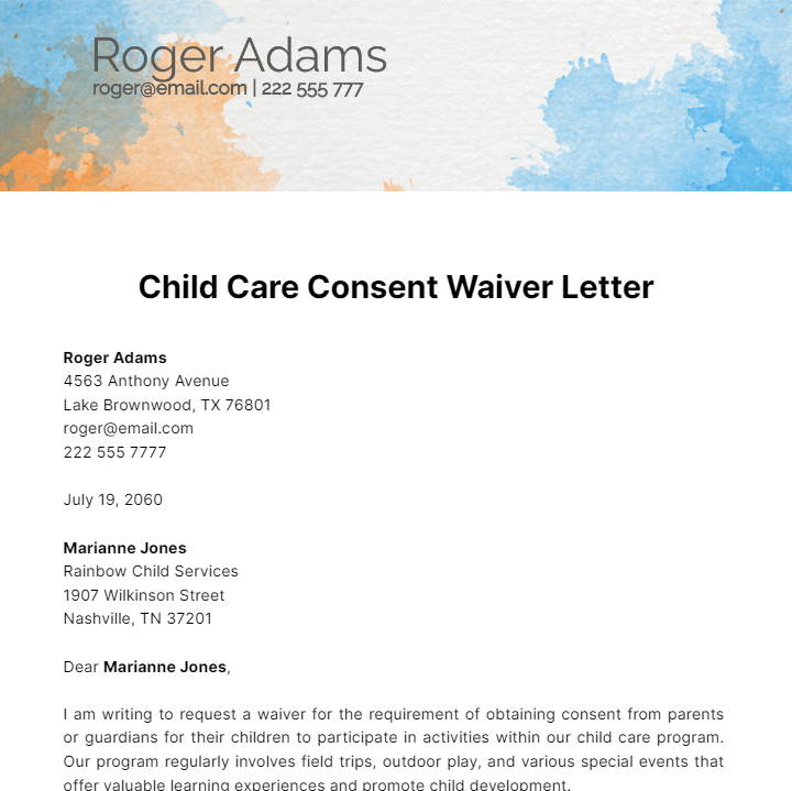 Free Child Care Consent Waiver Letter Template