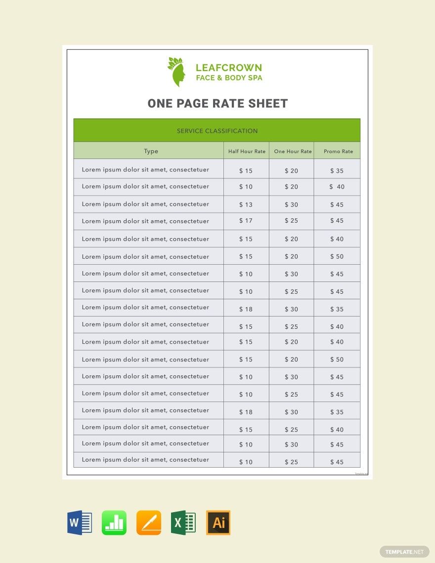 Free Service Rate Sheet Template Illustrator Excel Word Apple