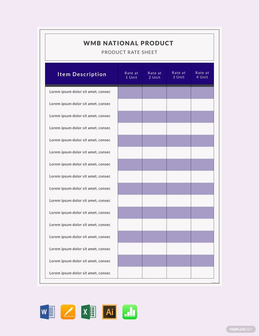 Product Rate Sheet Template