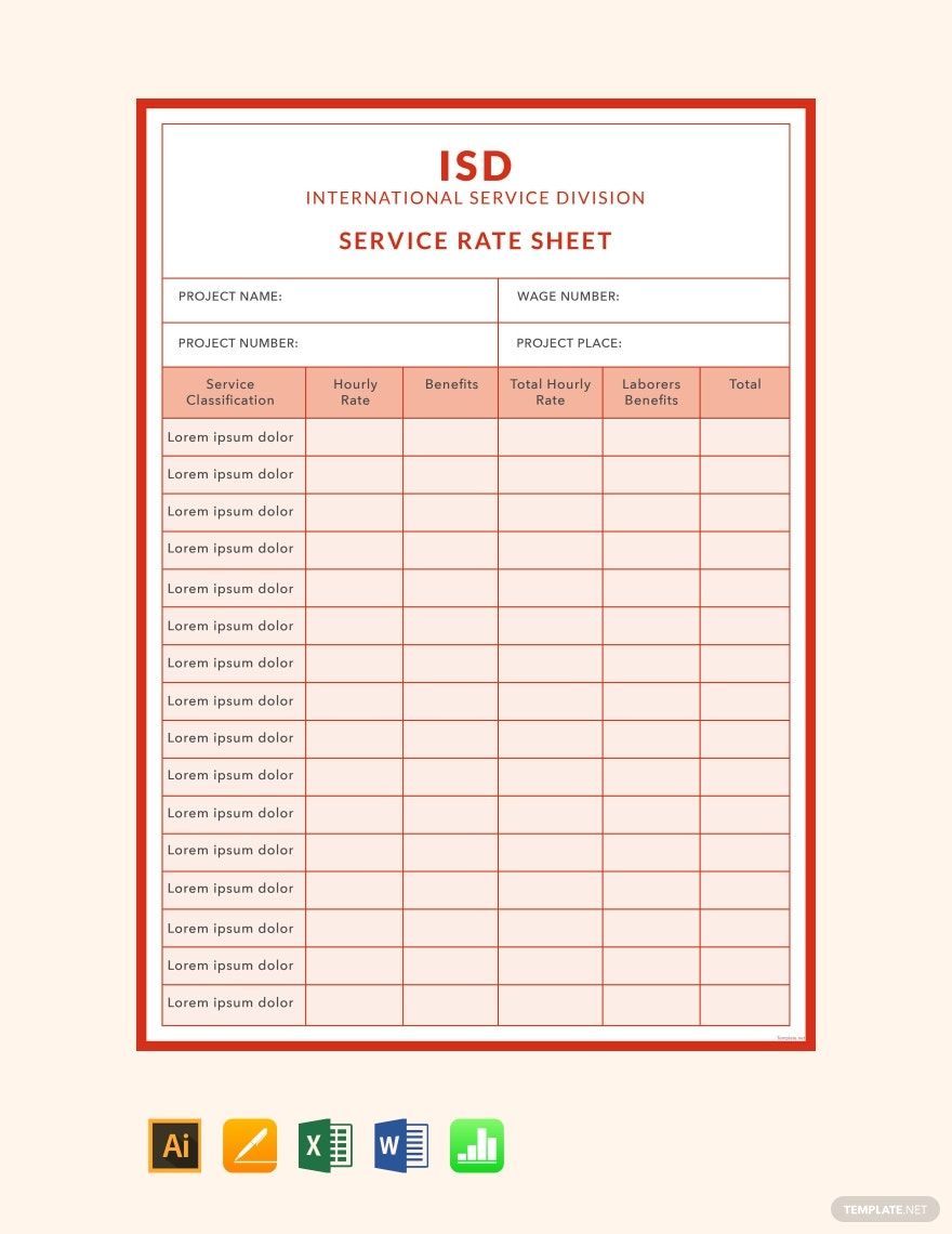 Service Rate Sheet Template in Word, Google Docs, Excel, Illustrator, Apple Pages, Apple Numbers