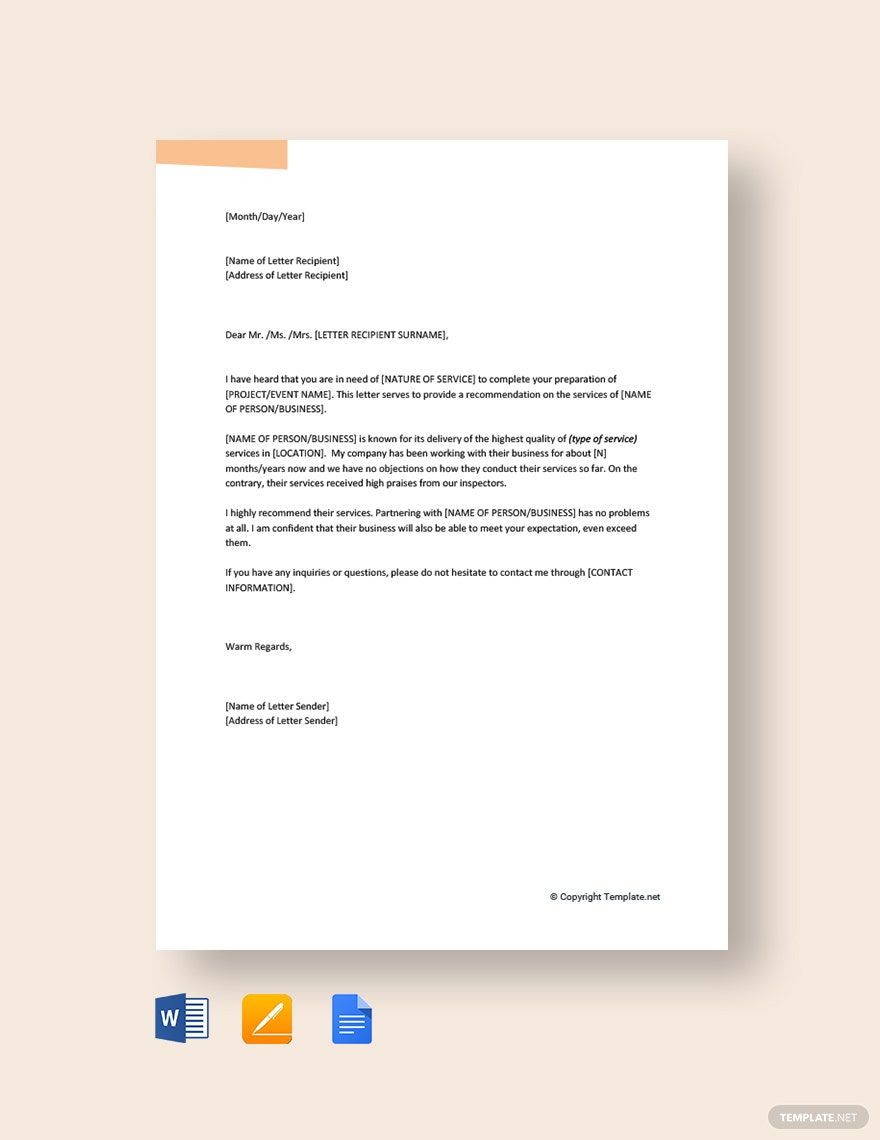 Service Recommendation Letter Template