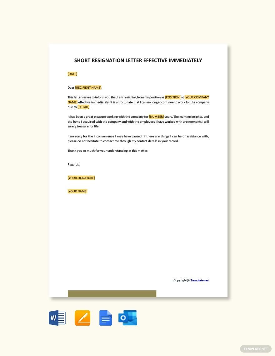 Short Resignation Letter Effective Immediately in Word, Google Docs, PDF, Apple Pages, Outlook